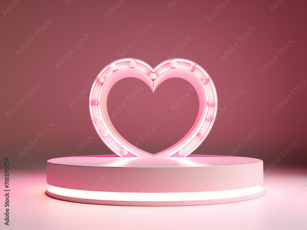 Pastel pink heart shaped podium stage backdrop for product presentation display stand. with hearts hanging from the edges, and valentine's day ornament. Mock up scene with empty stage