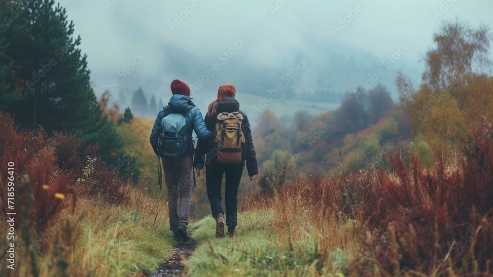 two people walking in the woods two people walking in the woods