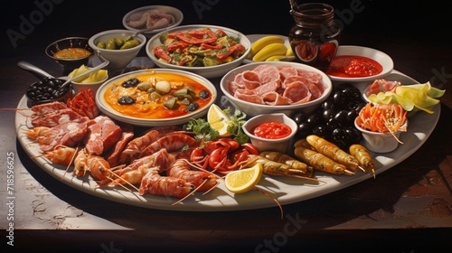 an artful arrangement of colorful and flavorful tapas, elegantly displayed on a white platter, capturing the essence of Spanish cuisine in a visually appealing composition.