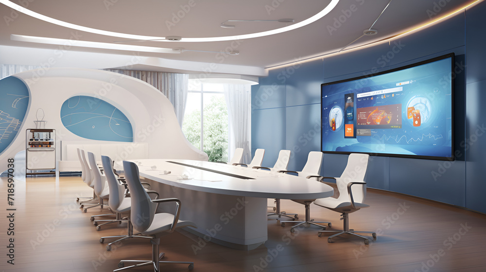 Modern presentation room with built-in multimedia systems, Ergonomic chairs facing a large screen that occupies a central position on the wall, Interactive whiteboard for notes, ceiling lights with di Modern presentation room with built-in multimedia systems, Ergonomic chairs facing a large screen that occupies a central position on the wall, Interactive whiteboard for notes, ceiling lights with di