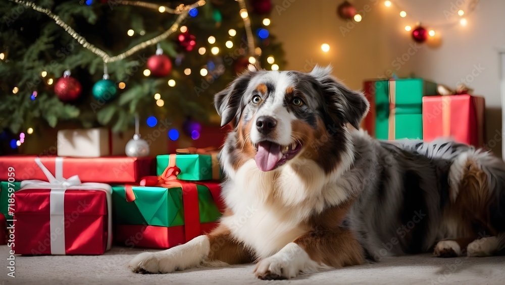 portrait of a purebred Australian Shepherd dog lying on and guarding a Christmas gift