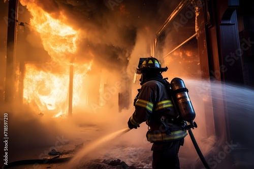 A firefighter battling flames in a smoke-filled building.