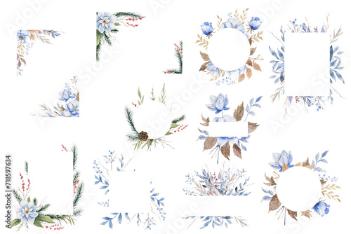 Set Of Hand Drawn Watercolor Winter Frames Of Blue Flowers © NataliaArkusha