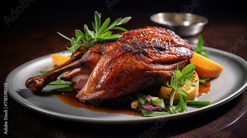 a roasted duck with crispy skin and succulent meat, its rich flavors showcased against the elegance of a spotless white canvas.