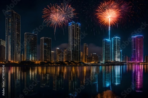 A mesmerizing nocturnal cityscape with a fireworks display bursting in vibrant hues above, reflecting in shimmering waters below, skyscrapers outlined against the colorful explosions © usama