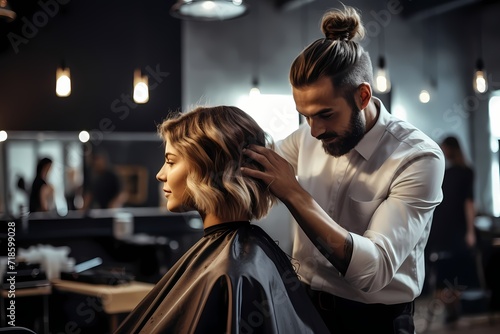 A hairdresser styling a client's hair in a trendy salon.