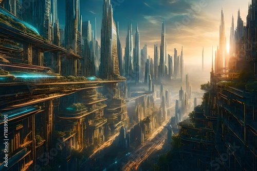 A thought-provoking choice-variation scenario on a futuristic city skyline, where hovering pathways split in different directions, one leading to a utopian city bathed in sunlight #718599091
