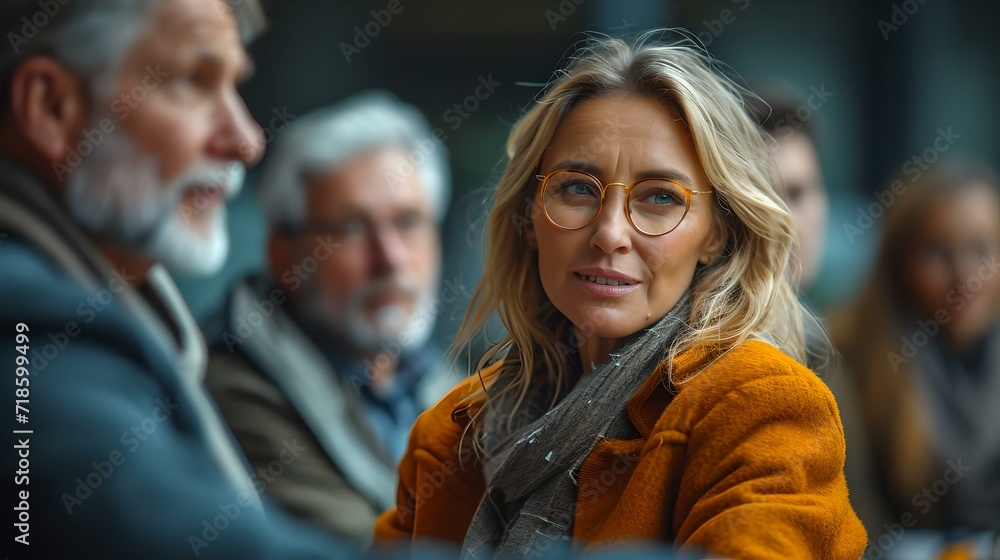 Fototapeta premium Woman in vibrant autumn coat engaging in lively discussion with colleagues. candid moment captured. AI