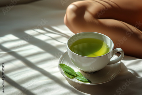 Bol de thé vert de luxe dans un bol en émail vert et crème à côté d'une femme assise, boisson détox et régénérante, vertus thérapeutiques du thé vert et du matcha photo