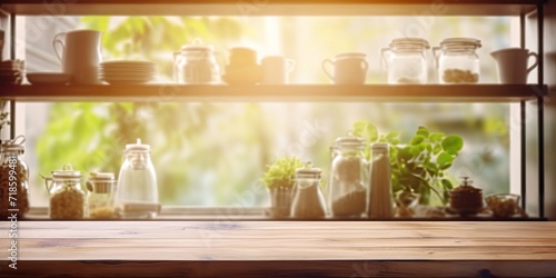 Blurred kitchen window and shelves with wooden table top.