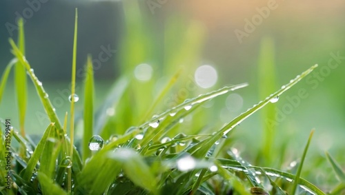 Grass with rain drops. Blurred green grass background with water drops