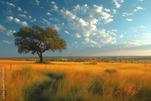 Paysage de savane africaine, herbes hautes jaunes face au désert, aux plaines et aux montagnes au loin photo