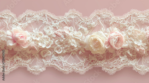 Bande de dentelle de Calais aux motifs variés sur fond rose photo