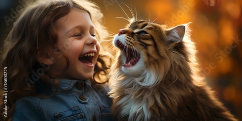 Joyful young girl laughing with fluffy maine coon cat outdoors. a moment of pure happiness and friendship captured. AI