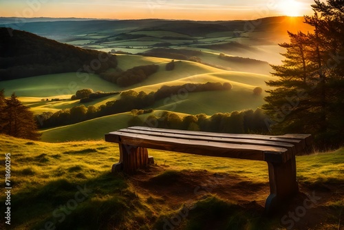 A tranquil scene featuring an old wooden bench on a high hill, bathed in the golden hues of sunset, offering a breathtaking view of a green valley below