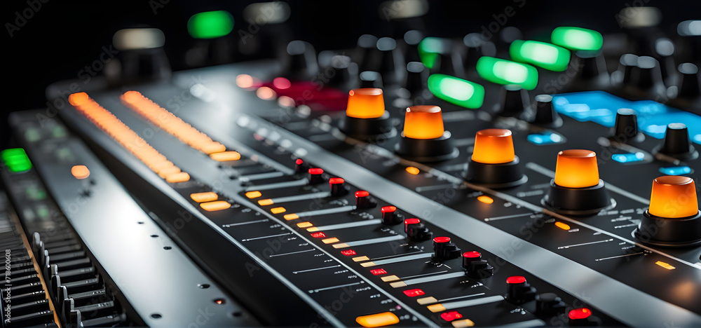 Professional Sound studio scene. Intricate audio equipment, Audio mixing console in a streaming.