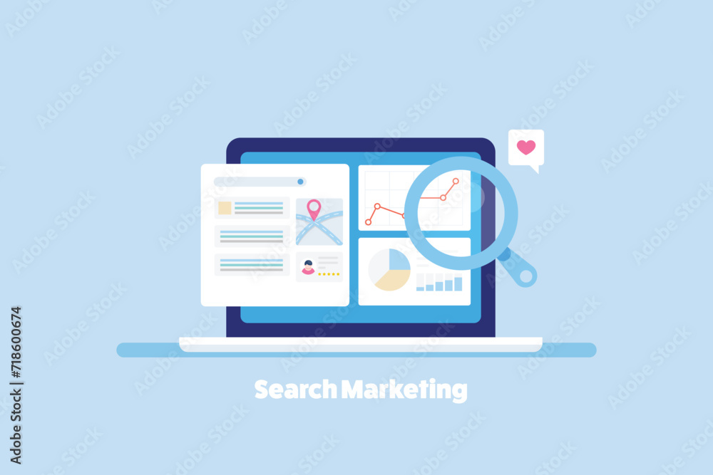 Search engine marketing and ad performance analytics data on laptop screen, vector illustration. - obrazy, fototapety, plakaty 
