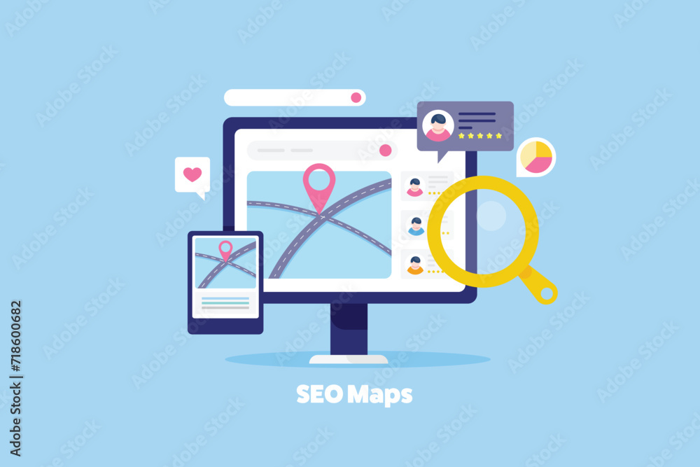 Local business listing map optimization, SEO concept, vector illustration web banner.