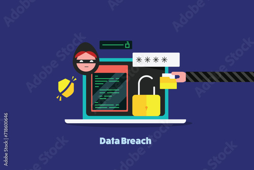 Cyber security breach hacker using binary code programming unauthorised access and stealing confidential information from electronic device. Vector illustration.