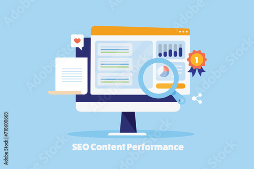Website content performance on search engine ranking page, SEO development conceptual vector illustration.