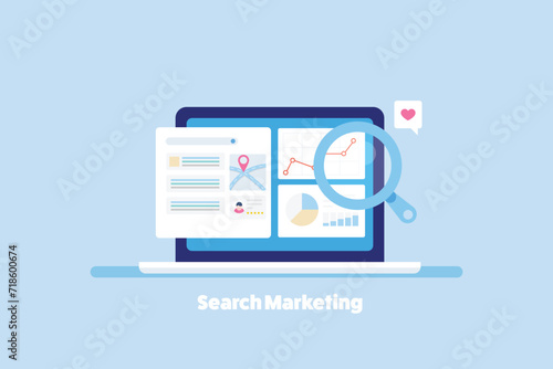 Search engine marketing and ad performance analytics data on laptop screen, vector illustration.
