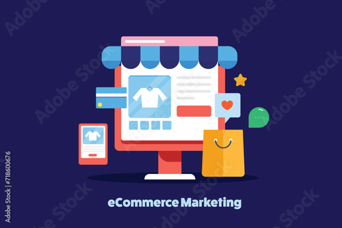 Ecommerce shopping cart webstore on computer screen, fashion product sponsored ads on social media, mobile shopping with online payment option conceptual vector illustration.
