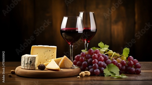 Glass of red wine with cheese  grapes and crackers on wooden background