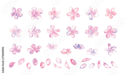 水彩画。水彩タッチの桜イラスト。桜のベクターイラスト。水彩で描いた手描きの桜和素材。Watercolor painting. Cherry blossom illustration with watercolor touch. Vector illustration of cherry blossoms. Watercolor hand-drawn cherry blossoms Japanese