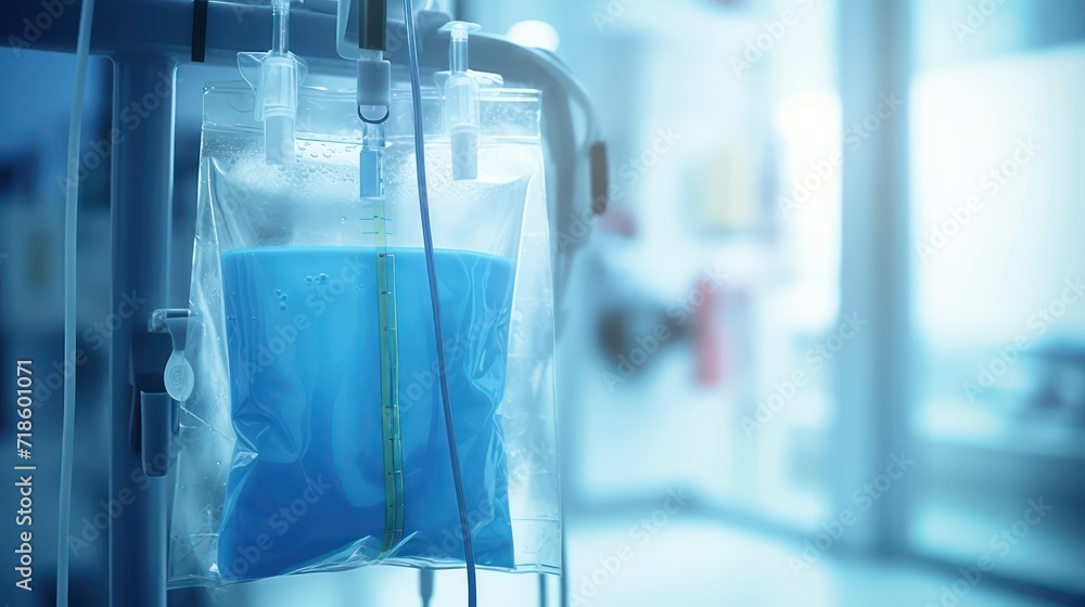 IV fluids blue bag drip intravenous medicine to cure patients. iron magnesium and vitamin infusion. blurry background of a hospital room. - obrazy, fototapety, plakaty 