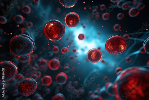 In microscopic world, countless vibrant erythrocytes, red blood cells, traverse circulatory system, tirelessly carrying life-sustaining oxygen, resembling a dynamic network vital for human vitality. photo