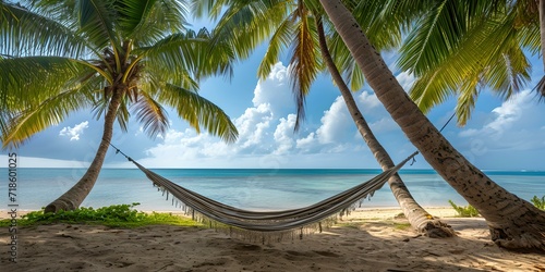 Serene tropical beach with hammock between palms. perfect relaxation spot, tranquil seascape. ideal for travel and tourism. AI