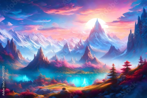 A surreal mountainous environment featuring the most beautiful world view  with towering peaks surrounded by iridescent clouds