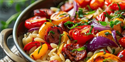Roasted pepper and chorizo orzo salad includes red peppers, red onion, chorizo, cherry tomatoes, orzo pasta