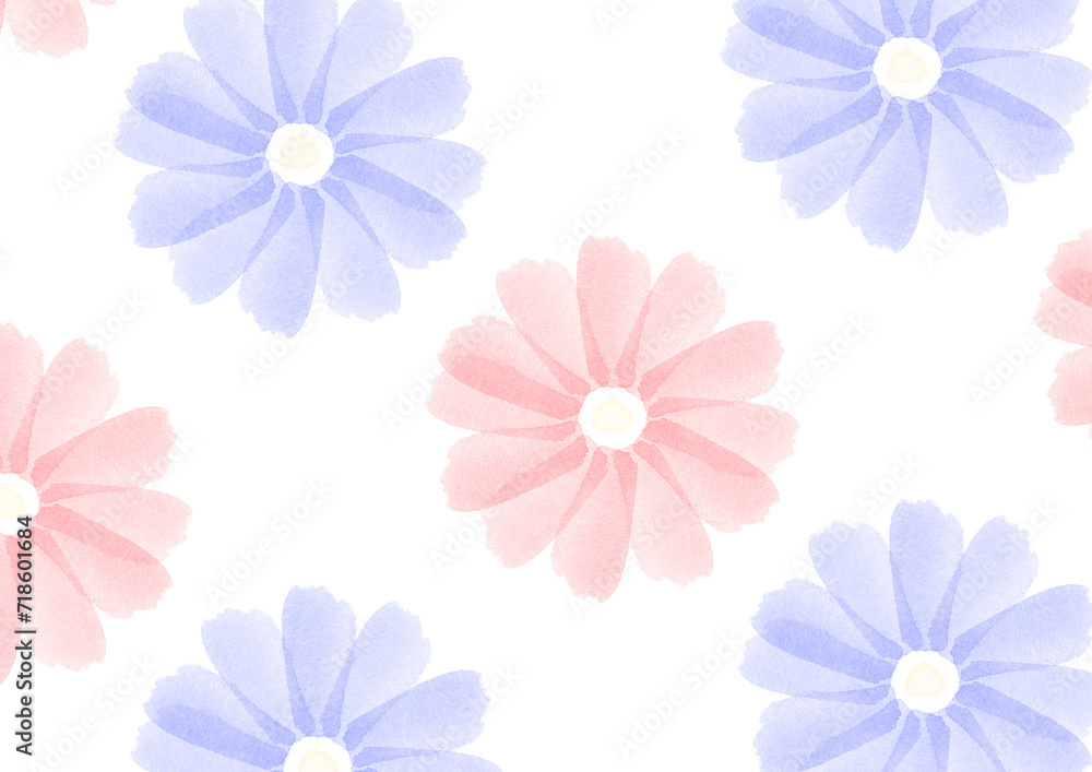 水彩の赤と青の花が並んだ背景イラスト