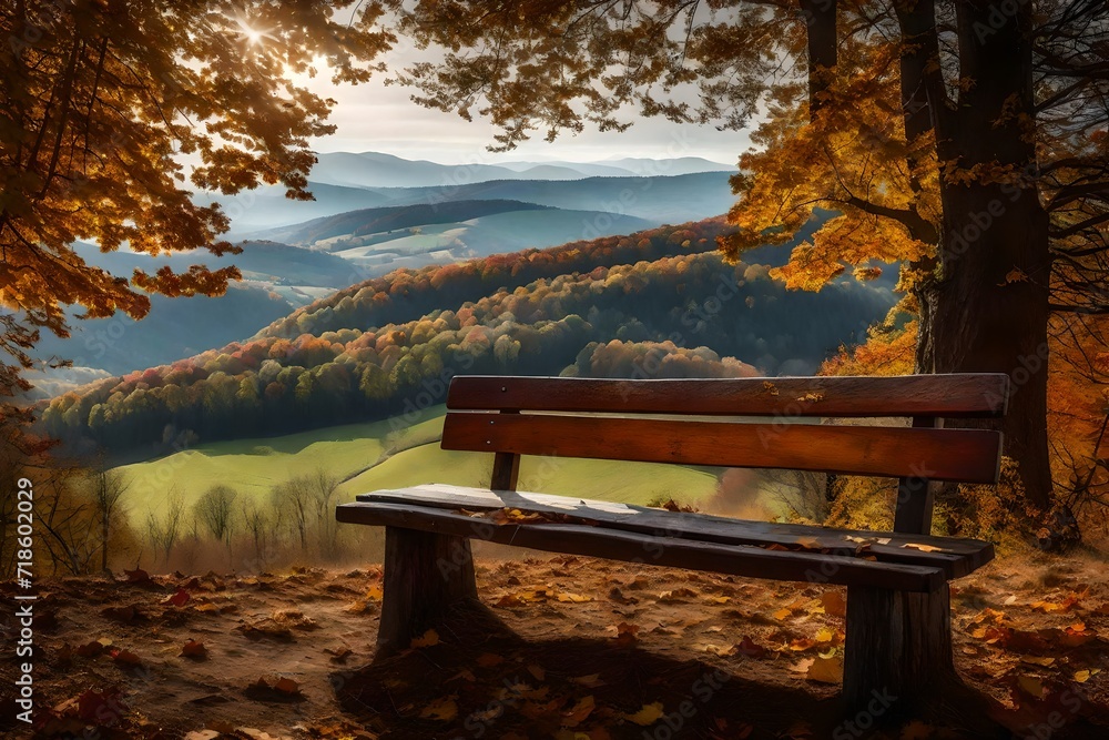 A contemplative mood captured by an old wooden bench perched atop a hill, overlooking a valley adorned with autumnal colors, the air filled with the crisp scent of fallen leaves