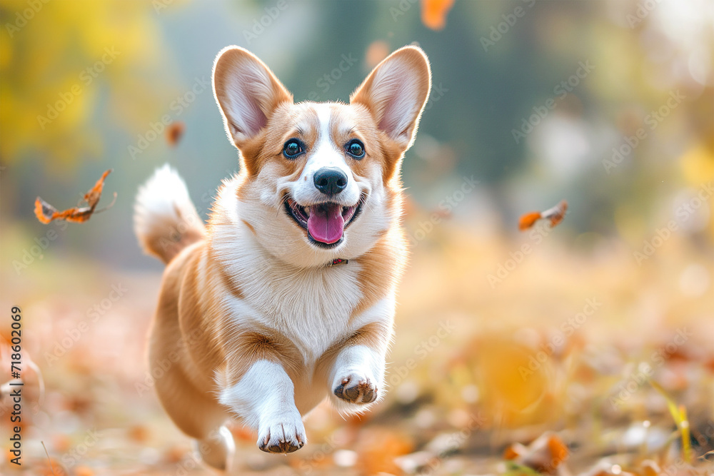 Happy corgi dog running in the park. Generative AI Happy corgi dog running in the park. Generative AI