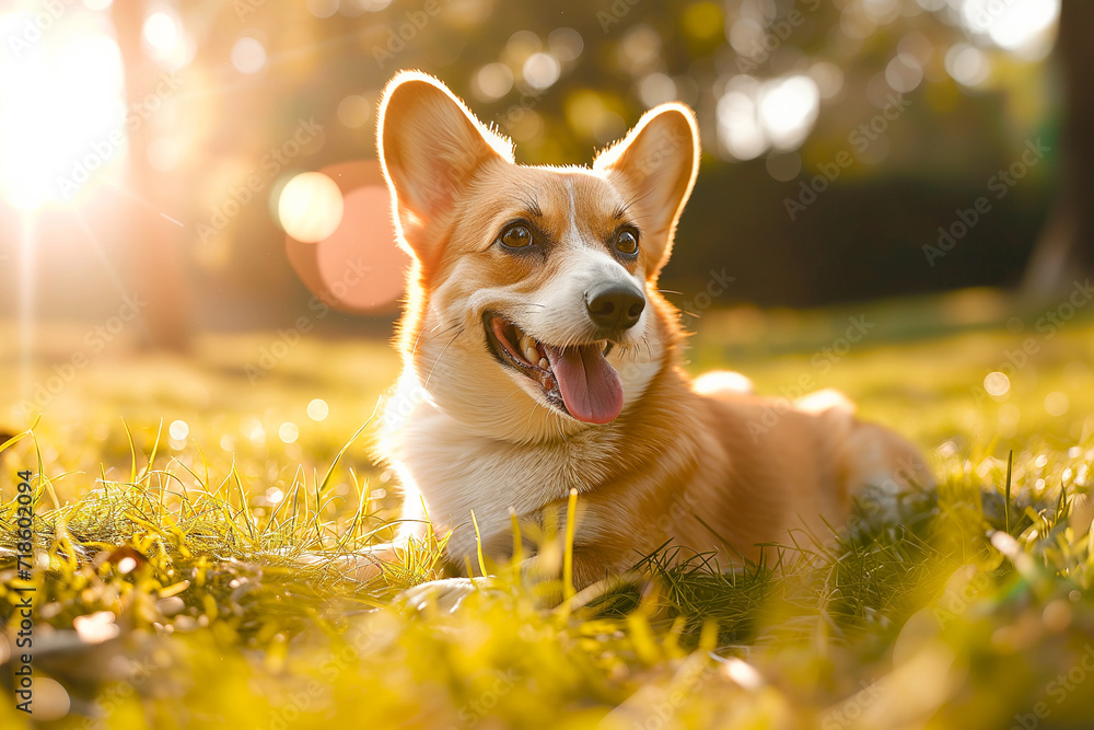 Happy corgi dog playing in the park. Generative AI Happy corgi dog playing in the park. Generative AI