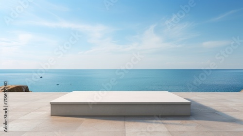 Square podium for a new product against the background of the sea