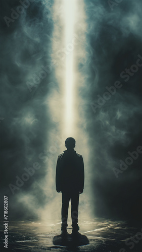 Silhouette of man standing in front of light beam. Generative AI