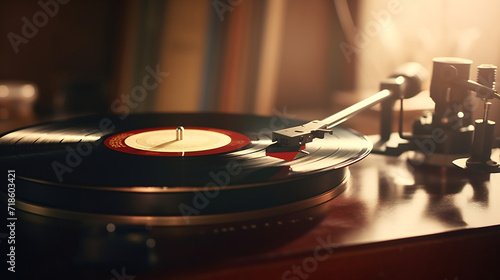 Vintage Vinyl Record Playing on a Turntable with Warm Sunset Light