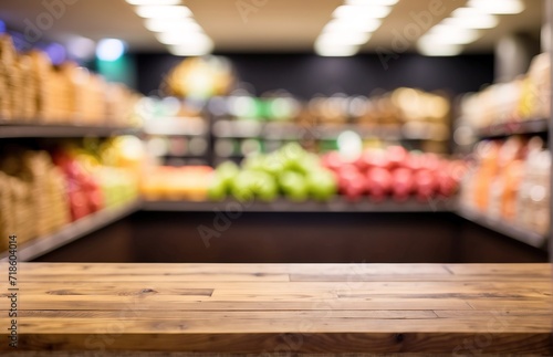 Wooden table top with blur grocery store background