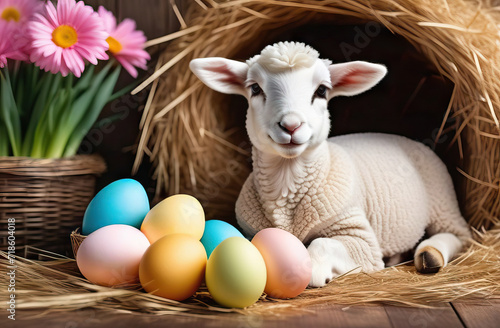 Portrait of a cute white sheep in a straw nest with colorful eggs and flowers in the background. Easter and spring concept