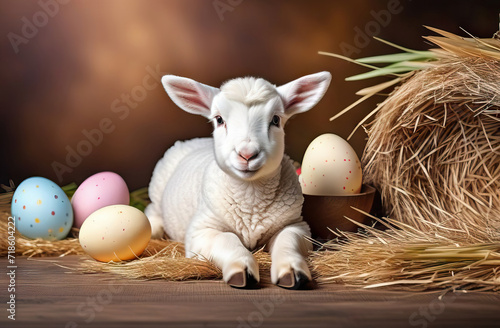 Cute lamb with Easter eggs on the background of a haystack. Spring, Easter, Good Friday concept