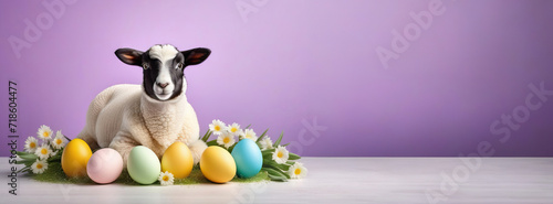 White sheep with a black muzzle and Easter pastel eggs on a banner with space for text on a purple background