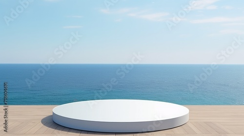 Round podium for a new product against the background of the sea