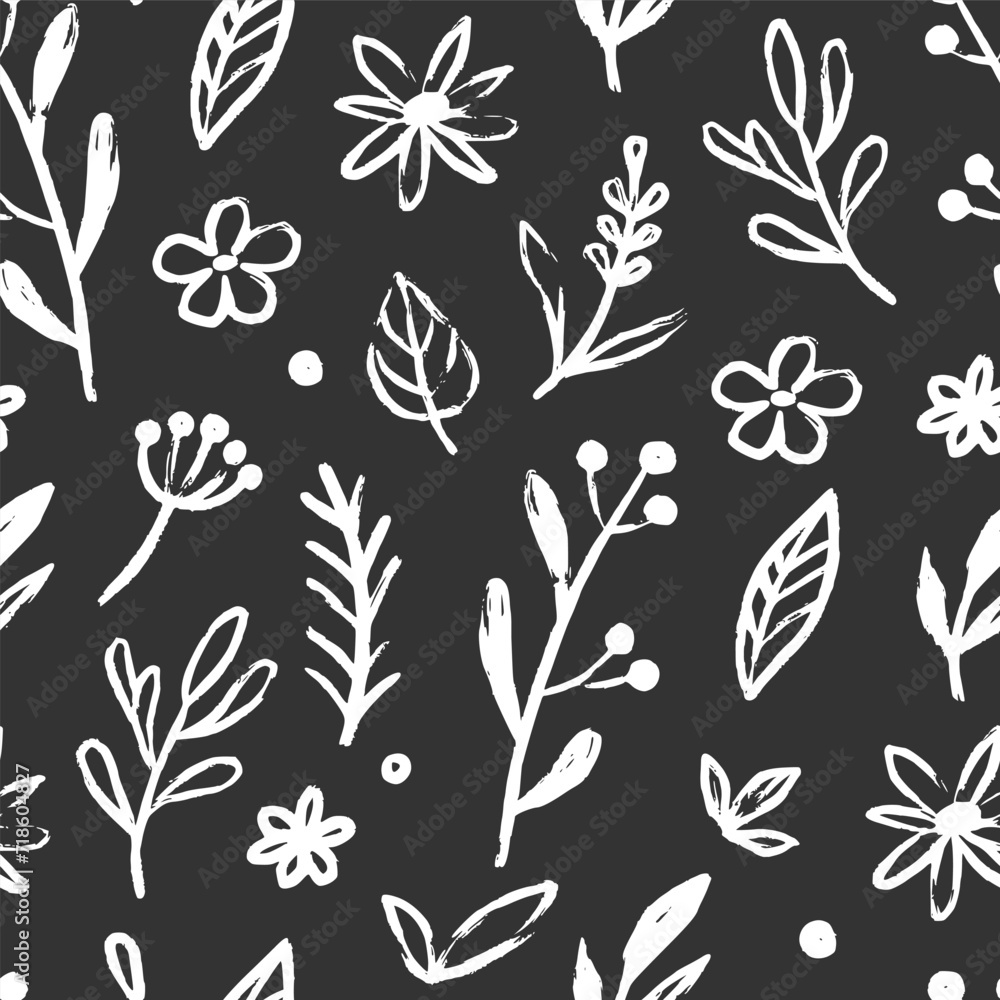 Abstract flower doodle brush seamless pattern. Sketch hand drawn spring floral plant, nature graphic leaf, scribble grunge brush texture black and white ink seamless pattern. Vector illustration Abstract flower doodle brush seamless pattern. Sketch hand drawn spring floral plant, nature graphic leaf, scribble grunge brush texture black and white ink seamless pattern. Vector illustration
