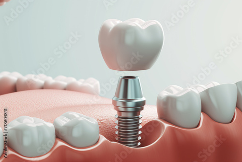tooth implant with dental crowns over white background photo