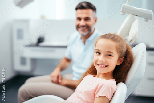 portrait of smiling little girl sitting in dental chair at the clinic