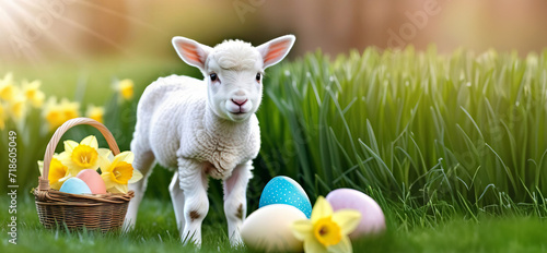 Little sheep on a green meadow with Easter eggs in a basket and beautiful sun rays. Place for text