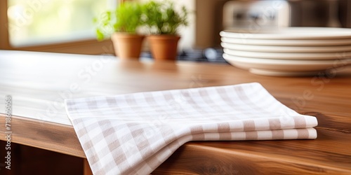 Empty wooden table in kitchen with kitchen towel, napkin close up top view mock up for design, selective focus.